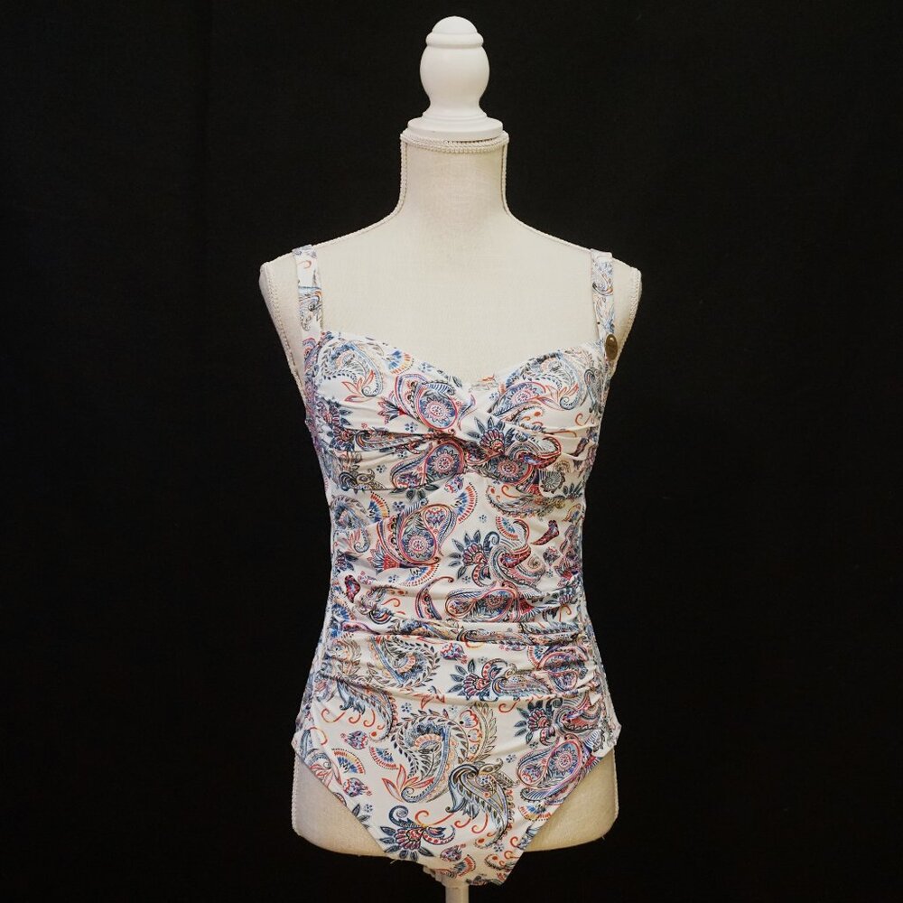 Nip Tuck Swim White Red & Blue Paisley Print One Piece Swimsuit Women’s Size 6